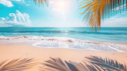 Fototapeta premium Summer background with frame, nature of tropical golden beach with rays of sun light and leaf palm. Golden sand beach close-up, sea water, blue sky, white clouds. Copy space, summer vacation concept.