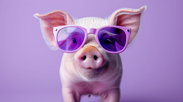 A grinning piglet with stylish glasses and a happy expression against a lavender background