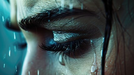 Sad woman concept - closed eyelid closeup with a teardrop on eyelashes. A tear on eyelashes macro close-up. A tear runs down his cheek. Tinted blue.