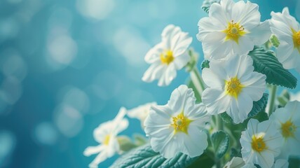 Spring forest white flowers primroses on a beautiful blue background macro. Blurred gentle sky-blue background. Floral nature background, free space for text. Romantic soft gentle artistic image.