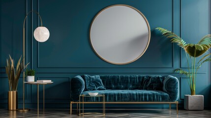 A chic living room with a round gold frame with copy space on a dark teal wall, near a velvet sofa and stylish floor lamp.
