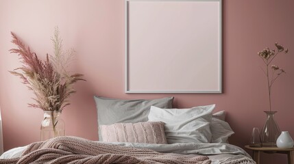 A serene bedroom with a soft grey frame with copy space on a light pink wall, above a bed with pastel linens and a cozy blanket.
