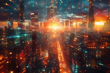 Fototapeta premium A colorful magnetar emerges from a holographic display, forming a detailed urban landscape in mid-air.