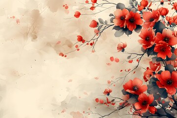 Elegant Floral Design with Red and Black Flowers on Abstract Watercolor Background for Cards and Posters