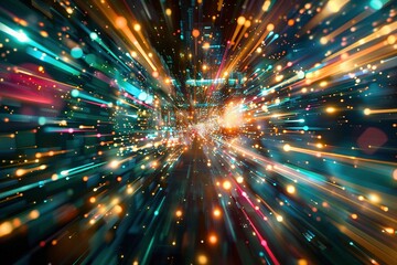 Obraz premium A colorful magnetar emerges from a holographic display, forming a detailed urban landscape in mid-air.