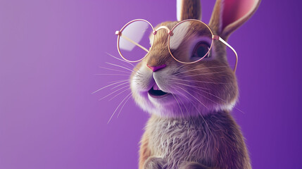A laughing rabbit in tiny glasses and a cute smile against a solid purple background