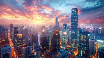 Fototapeta premium Vibrant City Skyline - Capture the dynamic energy of a bustling city skyline at dusk, with skyscrapers lit up against a stunning sunset