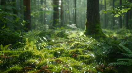 A lush green forest floor covered in a carpet of vibrant ferns and mosses, glistening with dew in the morning light