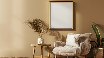 A cozy reading corner with a gold frame with copy space on a warm beige wall, beside a plush armchair and wooden side table.