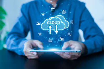 Cloud documentation and personal information online database storage and data privacy protection on computer network or online banking protect or cyber security concept.