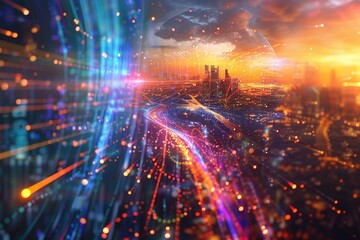 Fototapeta premium A mesmerizing holographic projection showcases a vibrant magnetar morphing into a breathtaking cityscape.