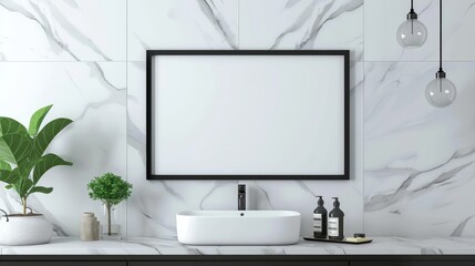 A modern bathroom with a black frame with copy space on a marble wall, above a floating vanity with sleek black fixtures.