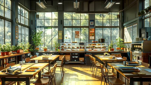 Animated school cafeteria background in summer, back to school concept. seamless looping time-lapse animation background