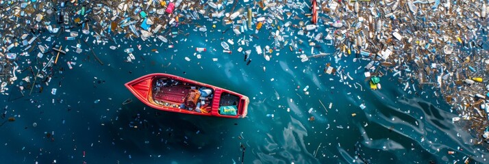 An aerial view of a red boat floating in a sea of plastic debris, highlighting the devastating impact of pollution on marine environments