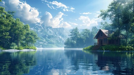 Peaceful Lakeside Cabin - Illustrate a tranquil lakeside cabin surrounded by lush forests and calm waters reflecting the sky
