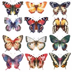 Watercolor illustration of a lively butterfly collection.