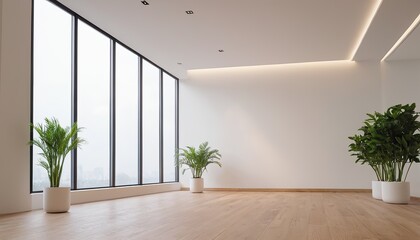 Fototapeta premium a room with a white wall and a green plant in the corner.