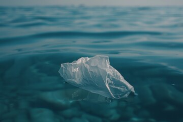 Fototapeta premium A single plastic bag floats on the surface of the ocean on a sunny day
