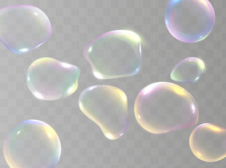Set of realistic colorful soap bubbles. Transparent realistic soap bubbles isolated on transparent background. Vector texture. Light Gray vector cover with spots.