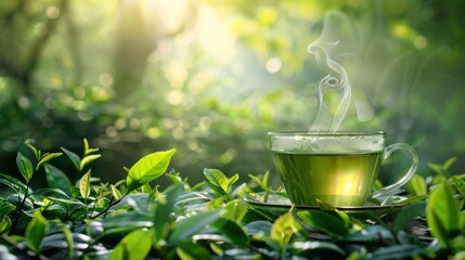 A steaming cup of green tea with a delicate tea set, surrounded by fresh green tea leaves, set against a serene and natural background