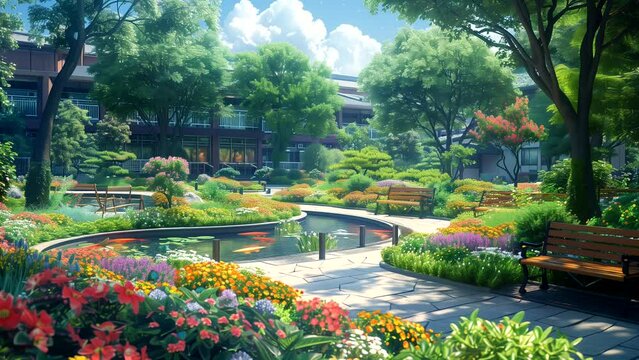 Animated school garden background filled with beautiful flowers and butterflies flying around. seamless looping time-lapse animation background