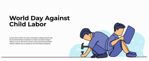 Vector illustration of little boy works hard. Modern flat in continuous line style.