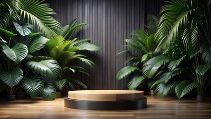 Fototapeta premium Wood podium stage display mockup for product presentation with a black tropical background