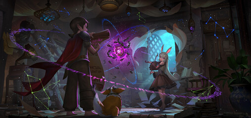 A beautiful fantasy illustration of the kids discovered and unlocked the magic artifact in the medieval room under the full moon night. © Asanee