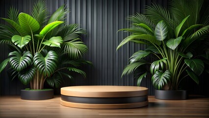 Fototapeta premium Wood podium stage display mockup for product presentation with a black tropical background