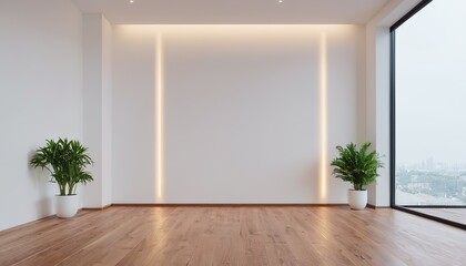 a room with a white wall and a green plant in the corner.
