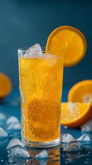 Orange cocktail with ice cubes and on a blue background. Refreshment and summer vacation concept. Closeup view for poster, advertisement, banner with space for text, and packaging.