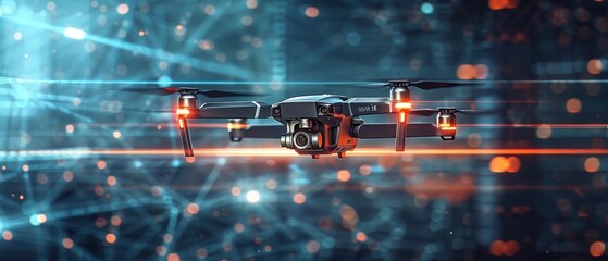 Modern Drone Flying Against a Futuristic Network Background