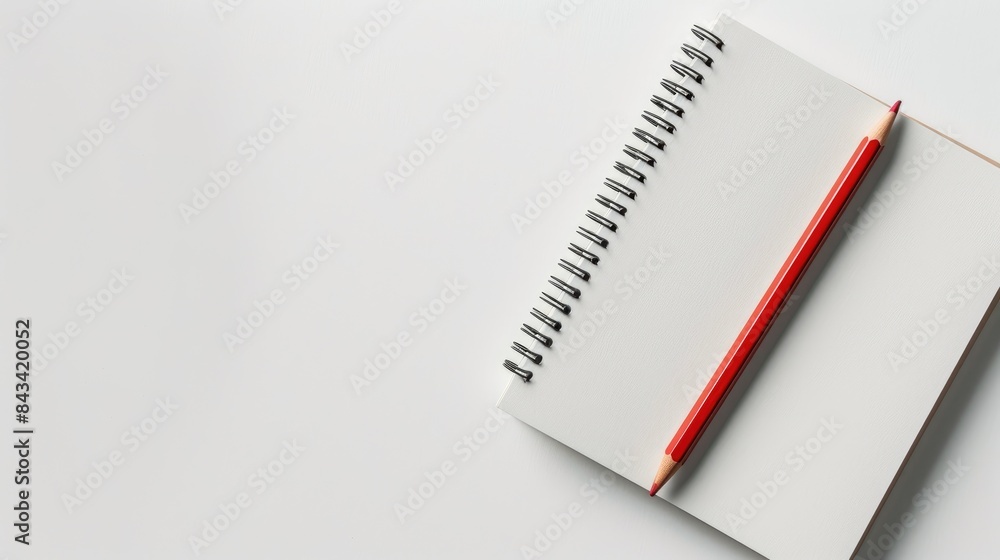 Poster empty desk with notebook and red pencil on white surface flat lay of spiral pad on clear workspace