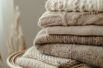 Laundry and maid.Aesthetic photo of a stack of knitted sweaters in close-up. Wool is a natural fabric, winter fashion. Folded knitted sweaters of different textures and pastel shades.
