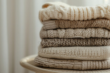 Aesthetic photo of a stack of knitted sweaters in close-up. Wool is a natural fabric, winter fashion. Pile of knitted woolen sweaters autumn colors. 