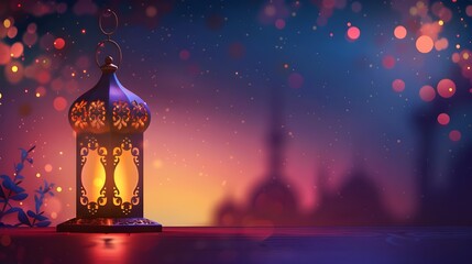
Modern Islamic holiday banner suitable for Ramadan, Raya Hari, Eid al-Adha and Mawlid. A lit lantern on an evening background. Product podium.
