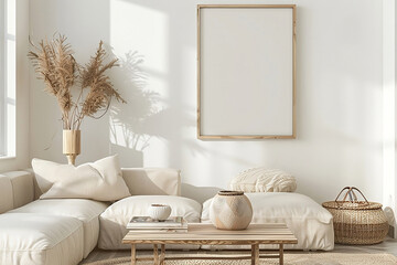 Frame mockup, Living room wall poster mockup. Modern interior design. Room table and corner sofa. Minimalist living room boho interior, cosy aesthetic photo, neutral light beige colors.
