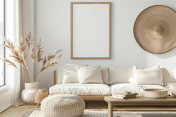 Frame mockup, Living room wall poster mockup. Modern interior design. Room table and corner sofa. Minimalist living room boho interior, cosy aesthetic photo, neutral light beige colors.