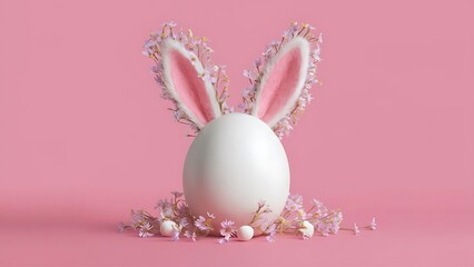 Easter minimal concept egg shape with bunny ears made from spring flowers on the pink background