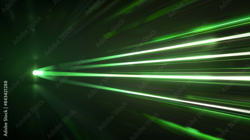 Poster dynamic green laser beams piercing through darkness, creating an energetic and futuristic atmosphere