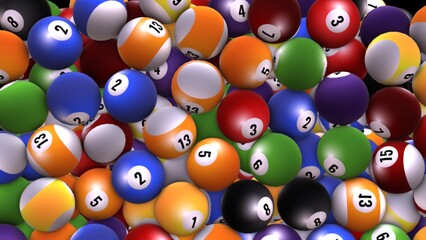 A Colorful Cascade of Billiard Balls.
A close-up view of a chaotic heap of billiard balls, each a vibrant color and numbered, creating a dynamic and visually engaging image.