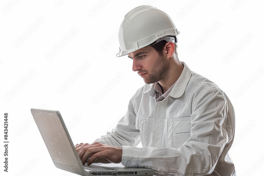 Aufkleber A captivating photo of an attractive inspection engineer in a pristine white hardhat, meticulously annotating technical specifications on a laptop.