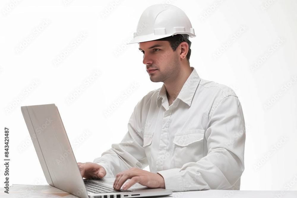 Poster A captivating photo of an attractive inspection engineer in a pristine white hardhat, meticulously annotating technical specifications on a laptop.