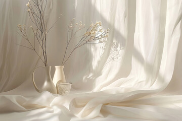 Minimalist composition beige aesthetic. Aesthetic Boho wedding backdrop.Floral branch and blanket cloth on neutral beige background. Minimal aesthetic wedding invitation template.