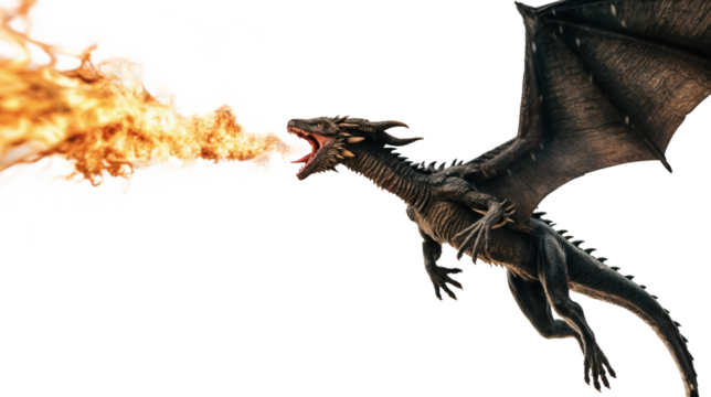 black scaly mythical dragon breathing fire, transparent background