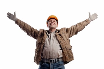 Naklejka premium A confident mature engineer, standing proudly atop a newly completed engineering marvel, their arms spread wide in a gesture of triumph, their face beaming with pride and accomplishment.