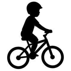 Little boy rides a bicycle vector  silhouette, front side view