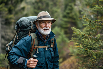 Senior Man Hiking in Forest with Backpack