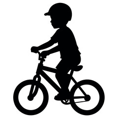 Little boy rides a bicycle vector  silhouette, front side view