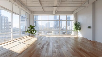 Fototapeta premium Bright and spacious coworking office with large windows, city views, modern equipment, and plenty of natural light